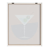 Back view of framed printed art showing a minimalist abstract design with a martini glass and two olives on a light background, framed in wood and white.