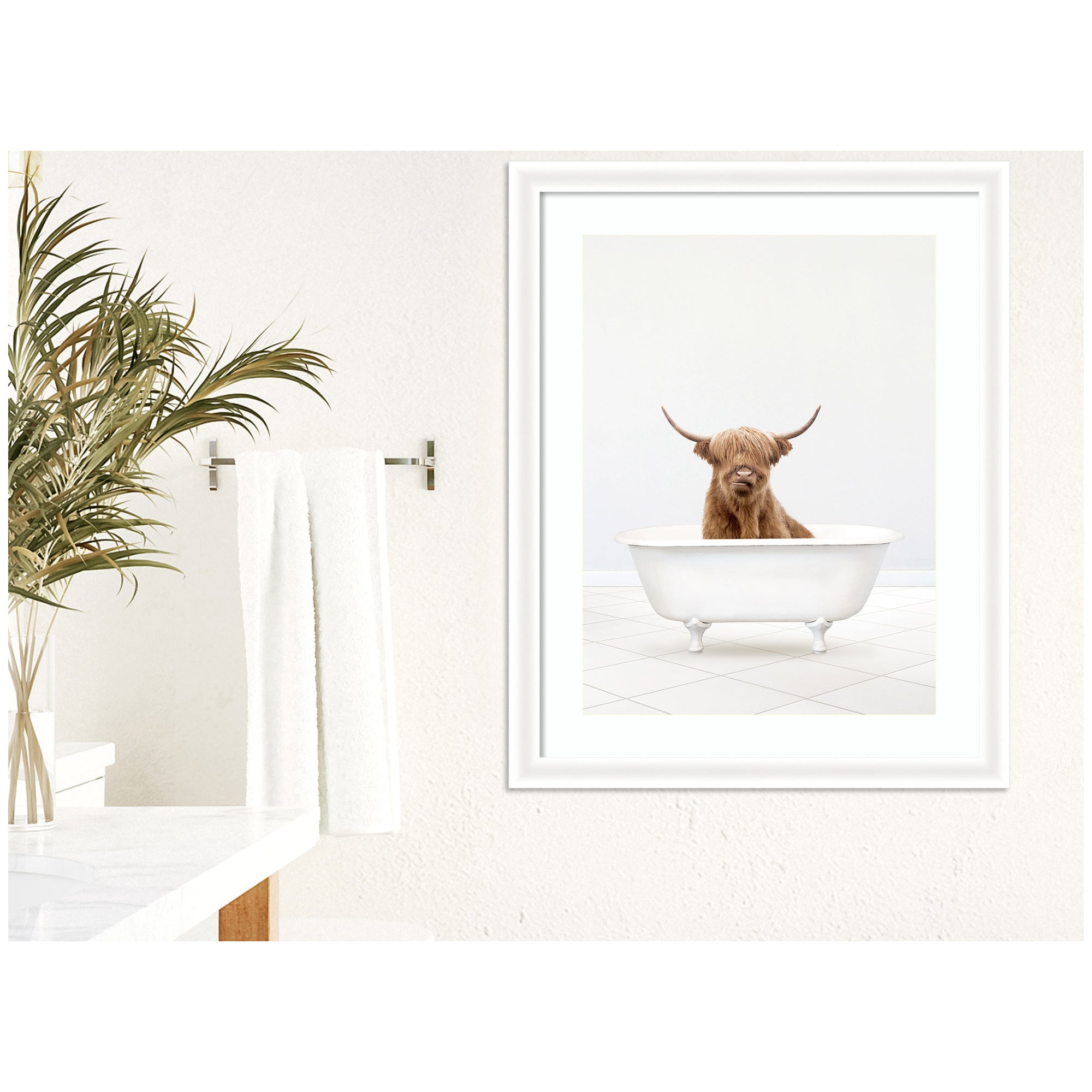 Highland Cow Solo Bathtub by Amy Peterson Framed Wall Art Print