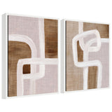 Two framed canvas artworks featuring abstract rhythmic white lines over textured beige and brown backgrounds, forming overlapping rectangular and curved shapes.
