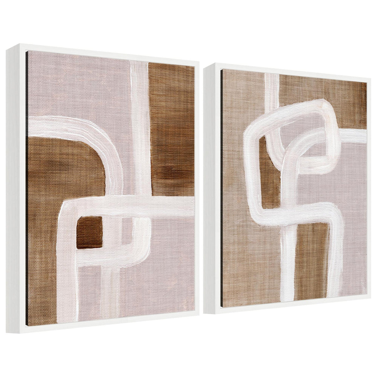 Two framed canvas artworks featuring abstract rhythmic white lines over textured beige and brown backgrounds, forming overlapping rectangular and curved shapes.