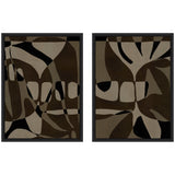 Two framed abstract canvas art pieces by Shatha Al Dafai with brown, beige, and black organic shapes and curved lines on a textured background