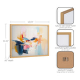 Abstract coastal-inspired print with soft blues, pinks, oranges, and white hues inside a natural oak wood frame with gold finish and minimalist gallery profile.