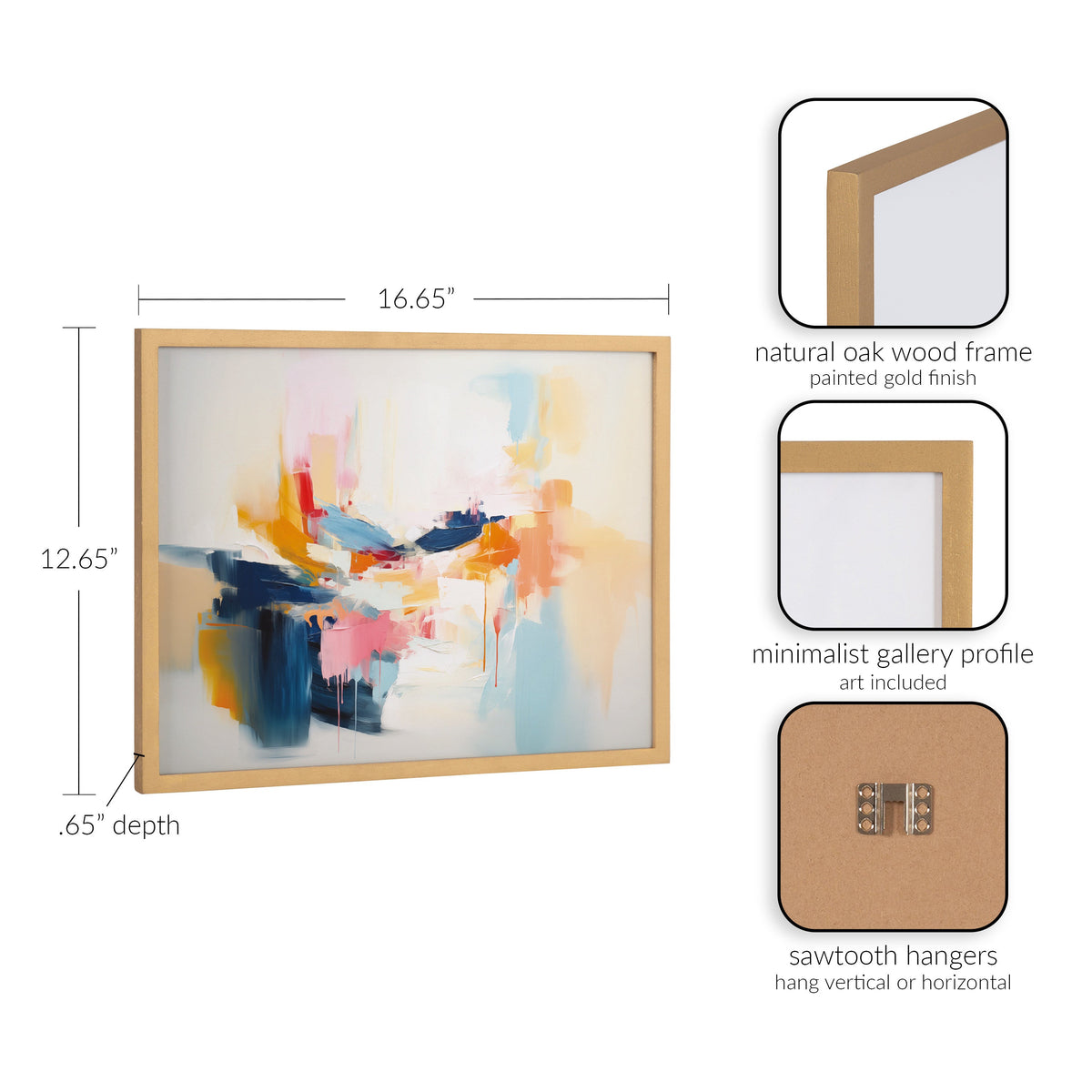 Abstract coastal-inspired print with soft blues, pinks, oranges, and white hues inside a natural oak wood frame with gold finish and minimalist gallery profile.