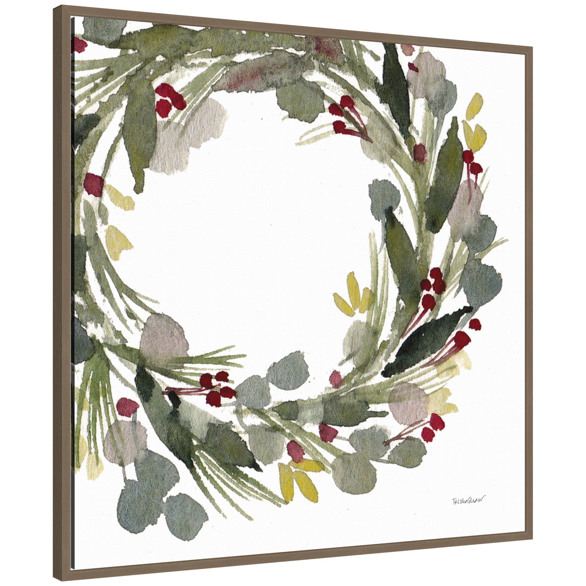 Framed canvas art of a circular loose Christmas wreath with green leaves and red berries on a white background