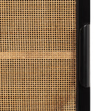 Close-up of woven natural rattan panel bordered by a sleek black frame with a vertical handle, showing interlaced light and dark tan fibers in a grid pattern.