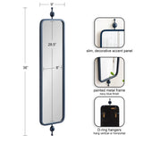 Tall, narrow rectangular mirror with rounded corners and a slim navy blue metal frame accented by decorative balls at top and bottom, shown with dimension annotations.