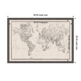 Vintage-style black and white world map printed on linen fabric, framed with a dark wood border, with dimensions noted for inner and outer sizes.