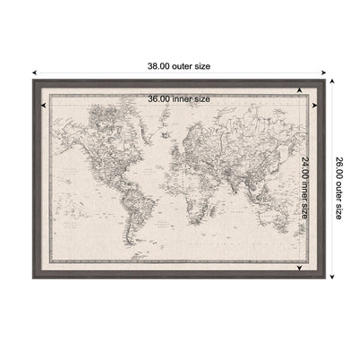 Framed Fabric Pinboard Vintage Black and White Linen World Map Wall Organization