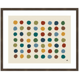 Abstract wall art print featuring a grid of irregular colorful dots in earthy tones, framed with a simple dark wooden frame and white mat.