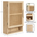Light wood wall cabinet with woven cane door and an open cubby shelf below, featuring a wood cleat hanger on the back for mounting, shown with dimensions.