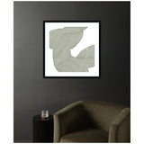 Abstract wall art with flowing, curved beige lines on white background in black square frame above olive-green velvet armchair and black side table with glass candle holder.