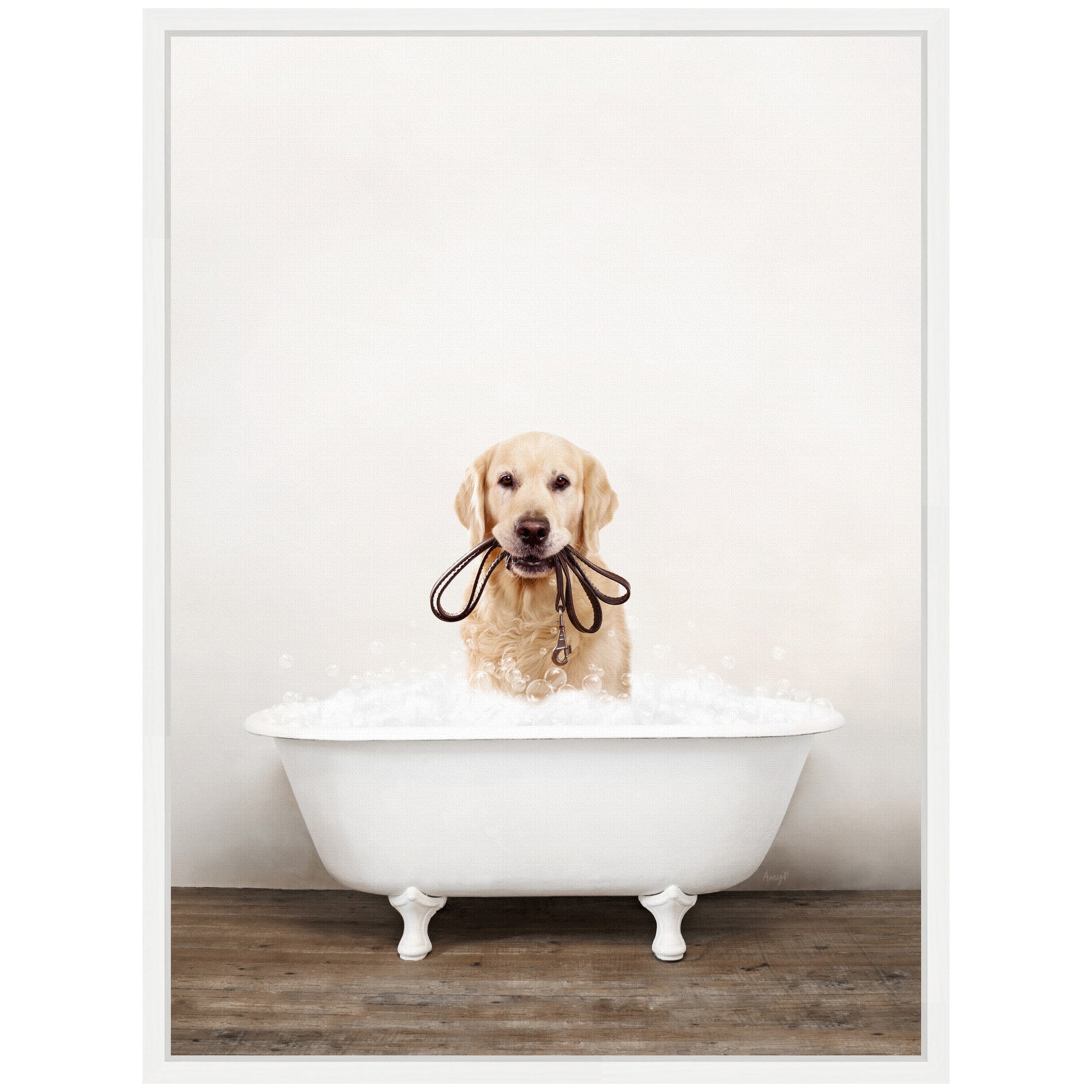 Sylvie Golden Retriever in Rustic Bath Style Framed Canvas by Amy Peterson