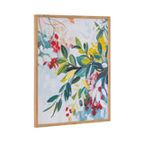 Abstract botanical print with large green, yellow, red, and white leaves and flowers on a light gray background in a simple wooden frame.