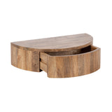 Semicircular wooden side table with a smooth top and a single drawer partially open, showcasing its rounded front and natural wood grain finish.