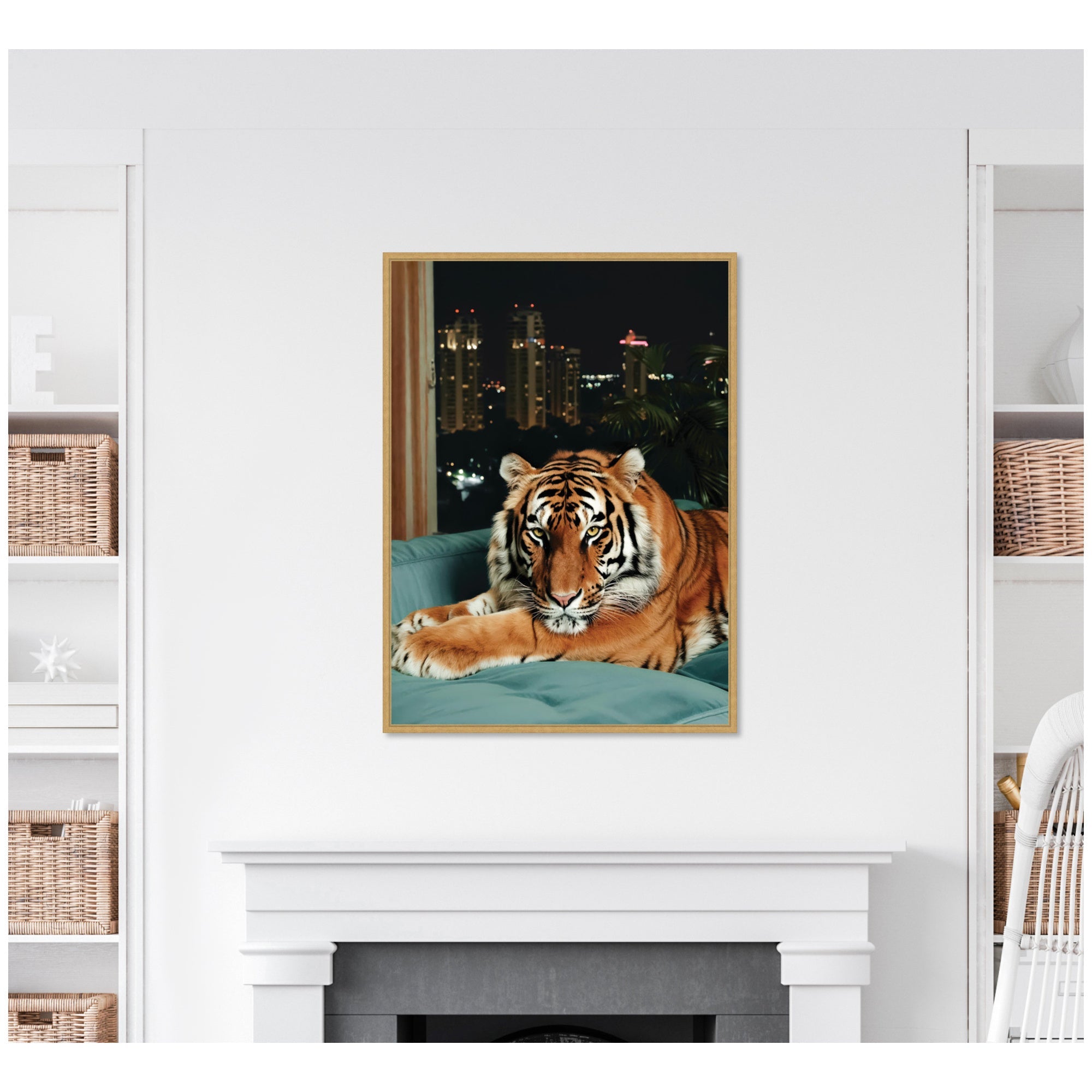 Sylvie Tiger in the City at Night 1 Framed Canvas by Michael Schauer