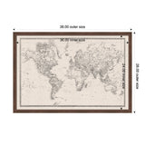 Vintage black and white world map printed on linen fabric with detailed geography, framed in wood measuring 38 by 26 inches outer size and 36 by 24 inches inner size.