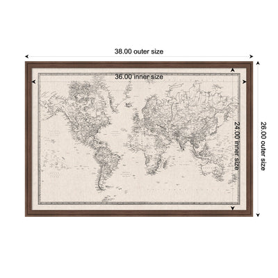 Framed Fabric Pinboard Vintage Black and White Linen World Map Wall Organization