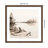 Sepia-toned abstract sketch of two Adirondack chairs on a dock overlooking a calm lake with trees reflected in the water and distant shoreline.