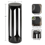 Tall black solid mango wood drink table with an 8-inch round top and bottom connected by four narrow arched legs in a sleek, minimalist design.