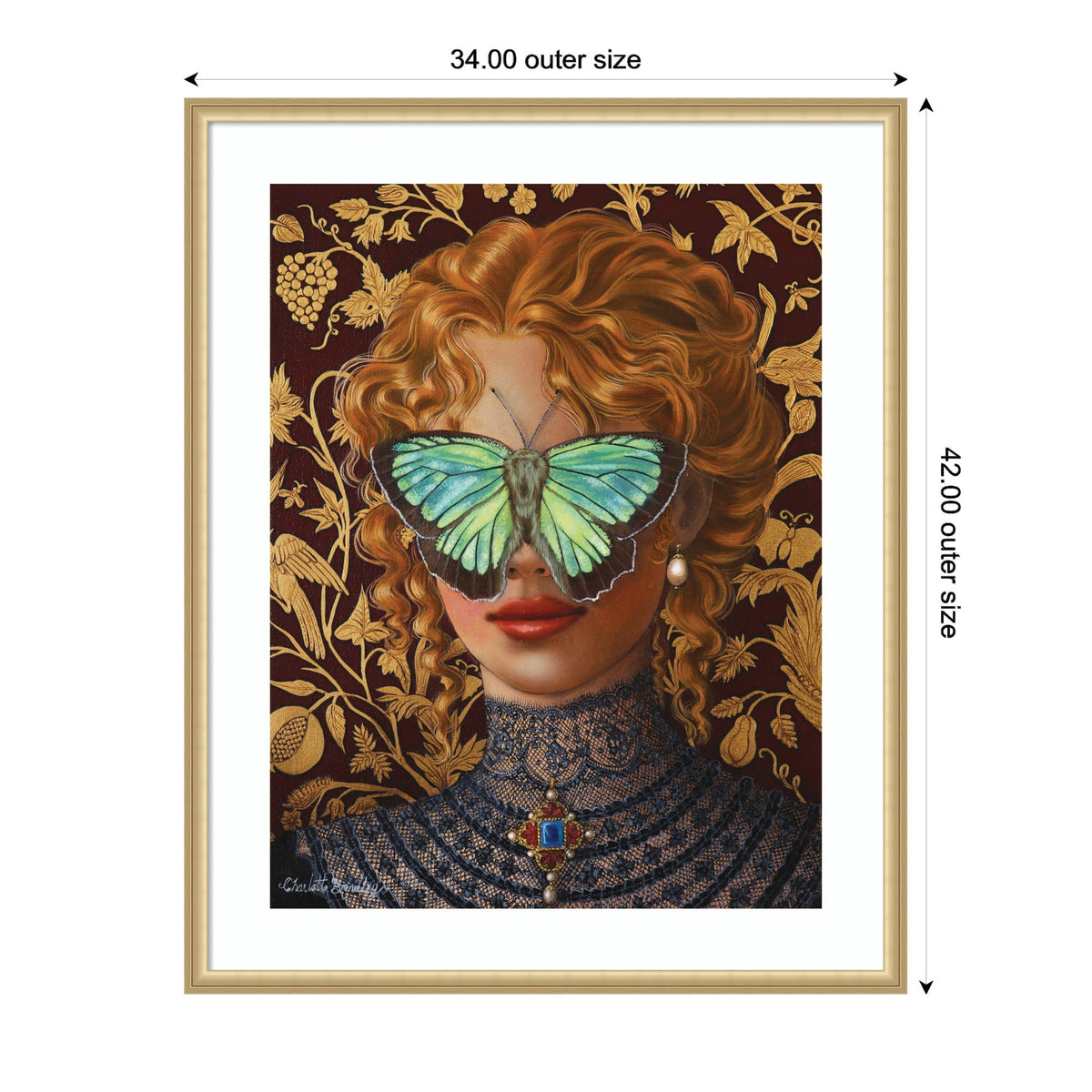 Portrait of a woman with curly red hair wearing an ornate blue lace dress and jeweled brooch, with a large green butterfly covering her eyes against a brown floral background.