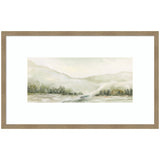 Framed watercolor print of a misty winter landscape featuring soft green hills and a centrally winding path or river under a pale sky.