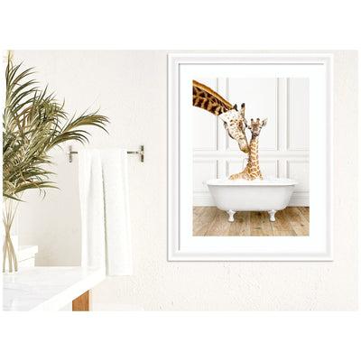 Mother and Baby Giraffe in Traditional Vintage Bathtub by Amy Peterson Framed Wall Art Print