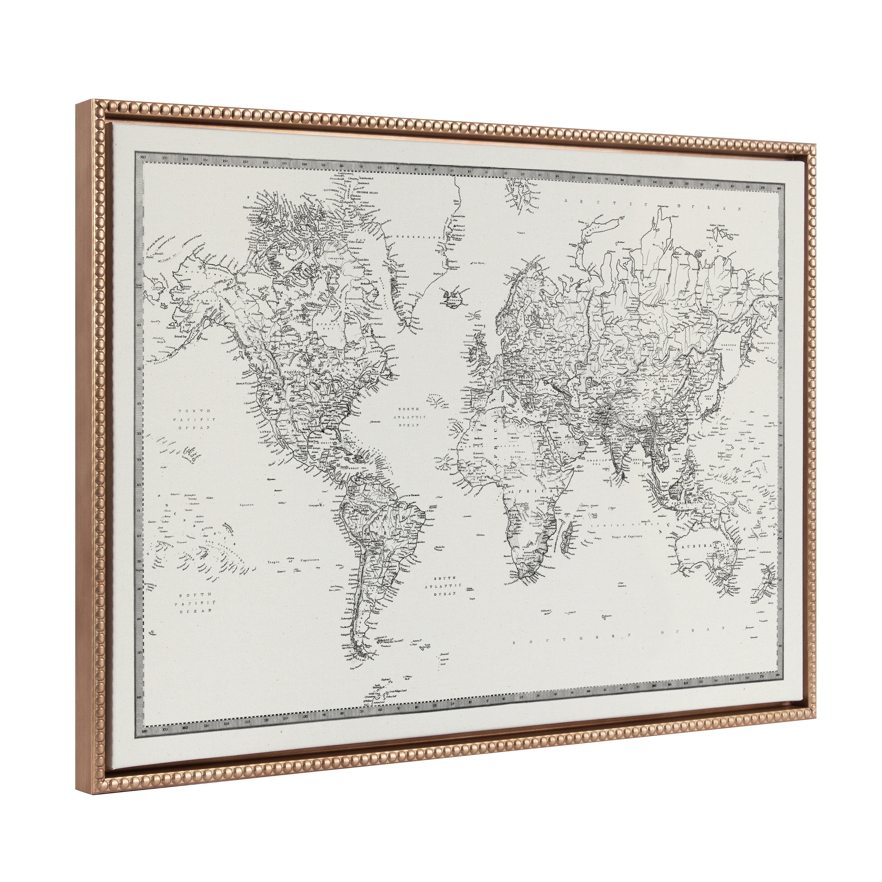 Sylvie Beaded Vintage Black and White World Map Framed Canvas by The Creative Bunch Studio