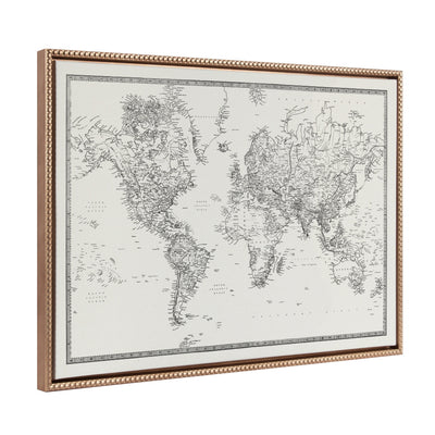 Sylvie Beaded Vintage Black and White World Map Framed Canvas by The Creative Bunch Studio