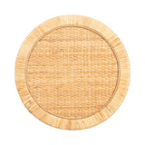 Round woven wicker table top with a tightly woven center and a thicker, textured outer rim in natural beige tones.
