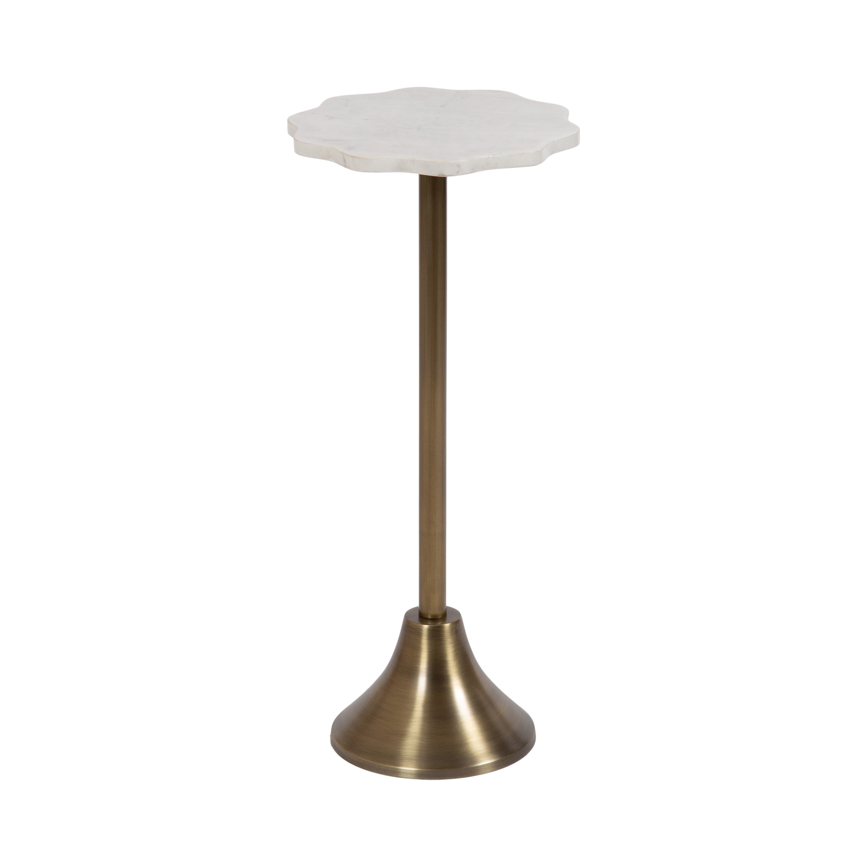Sanzo Scalloped Marble and Metal Table with scalloped marble top and bell-shaped iron base