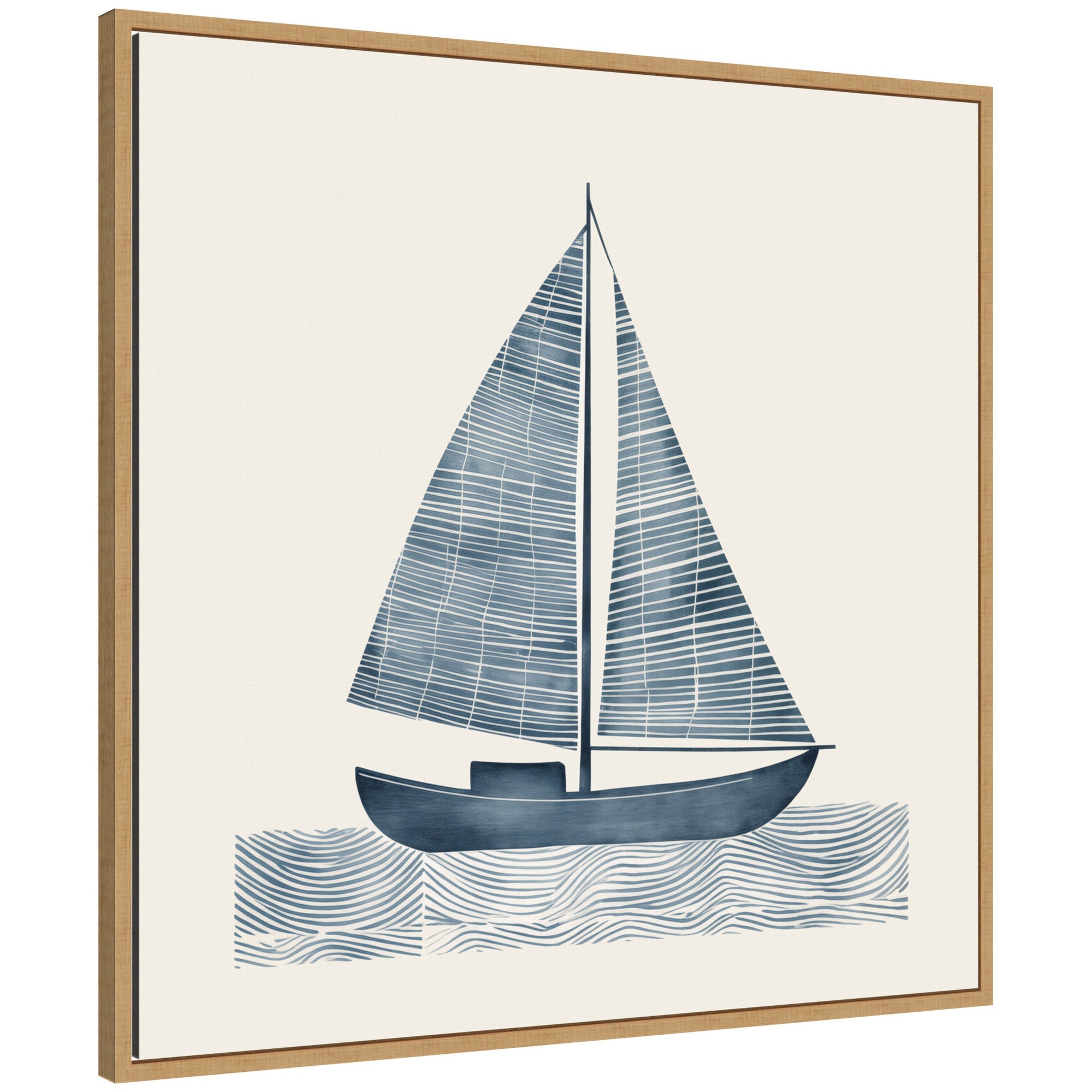 Framed canvas wall art of a minimalist blue sailboat on stylized waves in natural wood Sylvie frame