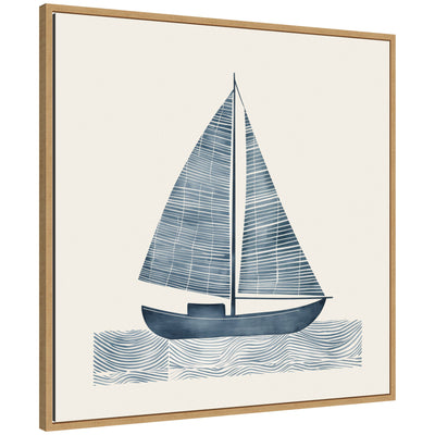 Framed canvas wall art of a minimalist blue sailboat on stylized waves in natural wood Sylvie frame