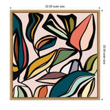 Abstract botanical print with bold black outlines and colorful leaves in teal, mustard, coral, and green on a pale pink background, framed in natural wood.