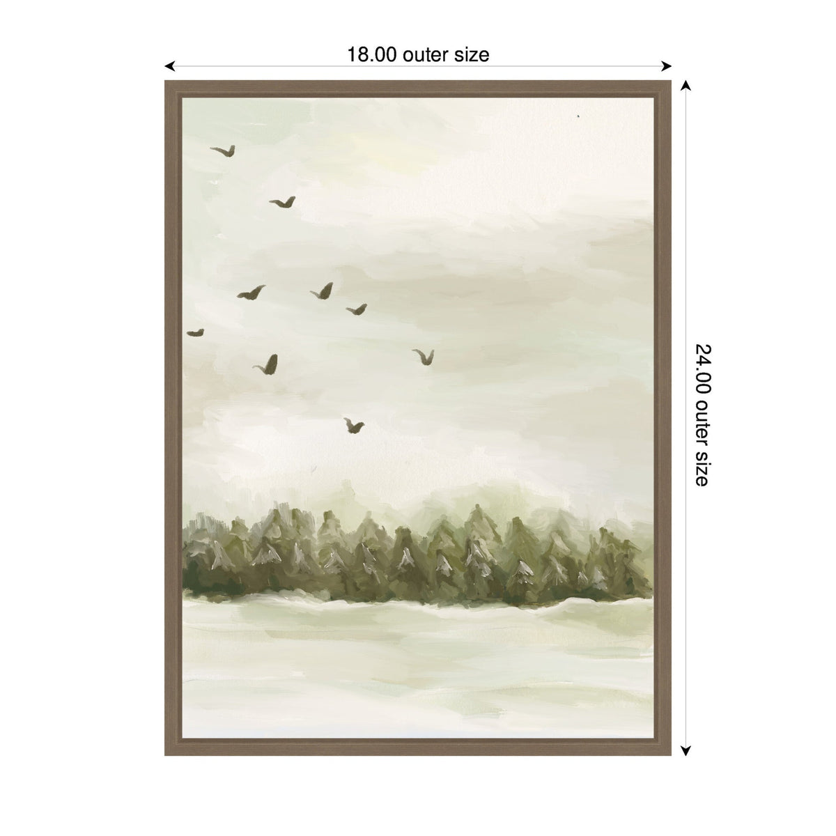 Muted winter landscape painting with a forest of evergreen trees under a cloudy sky and seven birds flying in an arc, framed with a simple brown border.