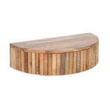 Half-circle side table with smooth flat top and vertical ribbed wooden slats forming the curved edge, showcasing varied natural wood tones.