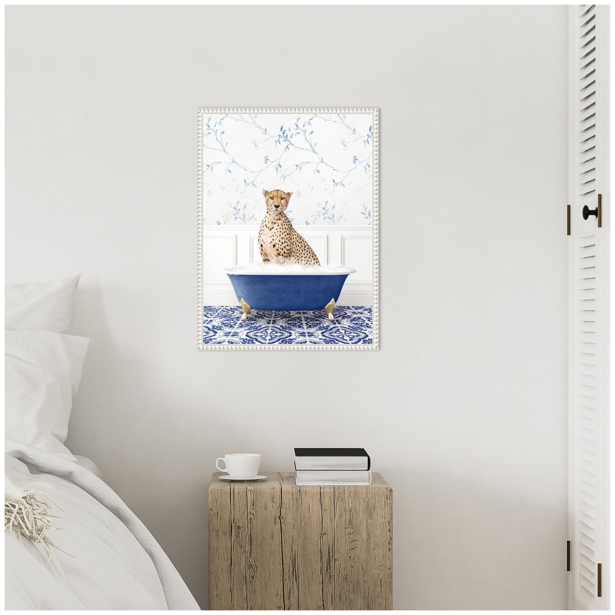 Sylvie Cheetah in Eclectic Blue Bath Framed Canvas by Amy Peterson