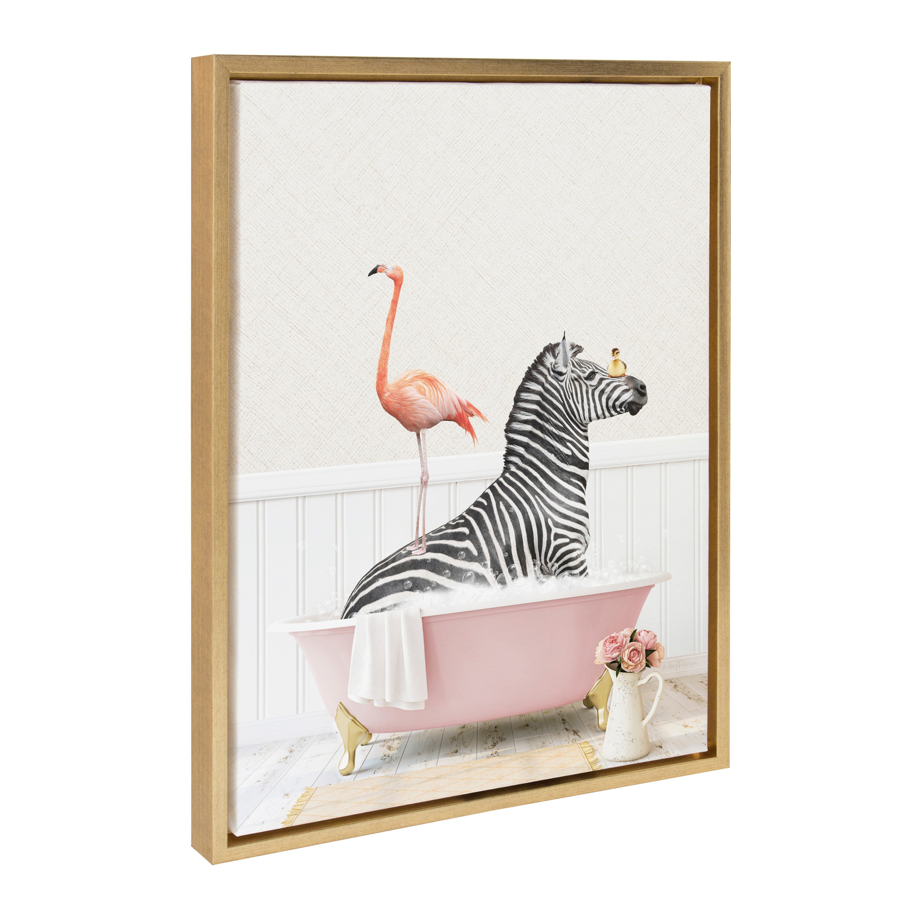 Sylvie Zebra and Flamingo in Cottage Rose Bathtub Framed Canvas by Amy Peterson