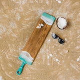 Handcrafted acacia wood baguette board with high-gloss resin accent