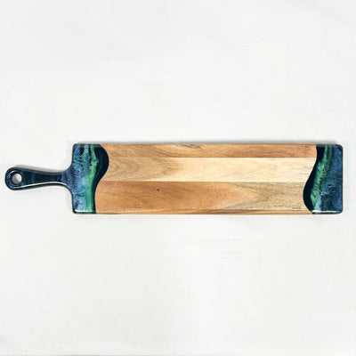 Handcrafted acacia wood baguette board with high-gloss resin accent