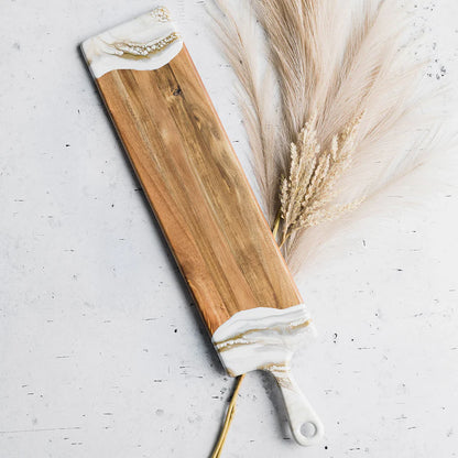 Wooden baguette resin serving tray with white resin edge on a light gray background