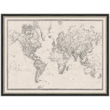 Vintage black and white linen world map framed fabric pinboard hanging on a wall