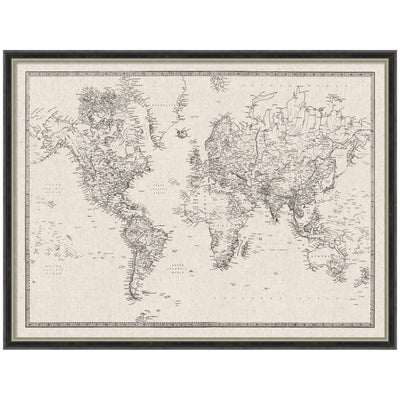 Vintage black and white linen world map framed fabric pinboard hanging on a wall