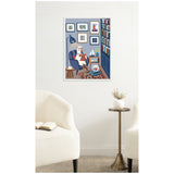 Illustration of a white goose with glasses reading a book in a blue armchair, surrounded by framed pictures, bookshelves, and a fishbowl on a carpeted floor.