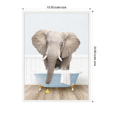 Elephant standing in a light blue vintage bathtub with golden claw feet, white towel draped over the rim, wooden floor, and subtle patterned white wall behind.