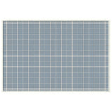 Rectangular framed pinboard with a light blue and white plaid fabric pattern, composed of evenly spaced horizontal and vertical lines.