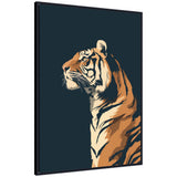 Side profile of a tiger in stylized illustration with warm orange and beige tones against a solid navy blue background, framed with a thin dark border.