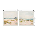 Two square framed canvas art pieces side by side depicting a soft pastel landscape with muted blues, greens, and sandy beige hues, featuring misty hills and blurred vegetation.