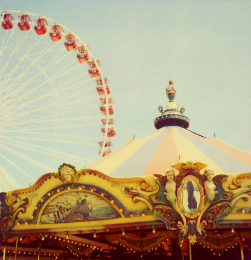 A vintage-style photograph of a carousel shot with a Polaroid SX-70 camera