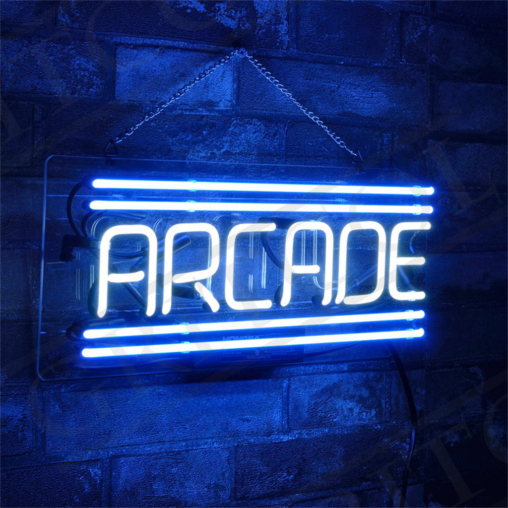 Blue neon sign spelling 'ARCADE' with triple horizontal lines above and below, mounted on a dark textured brick wall and hanging by a metal chain.
