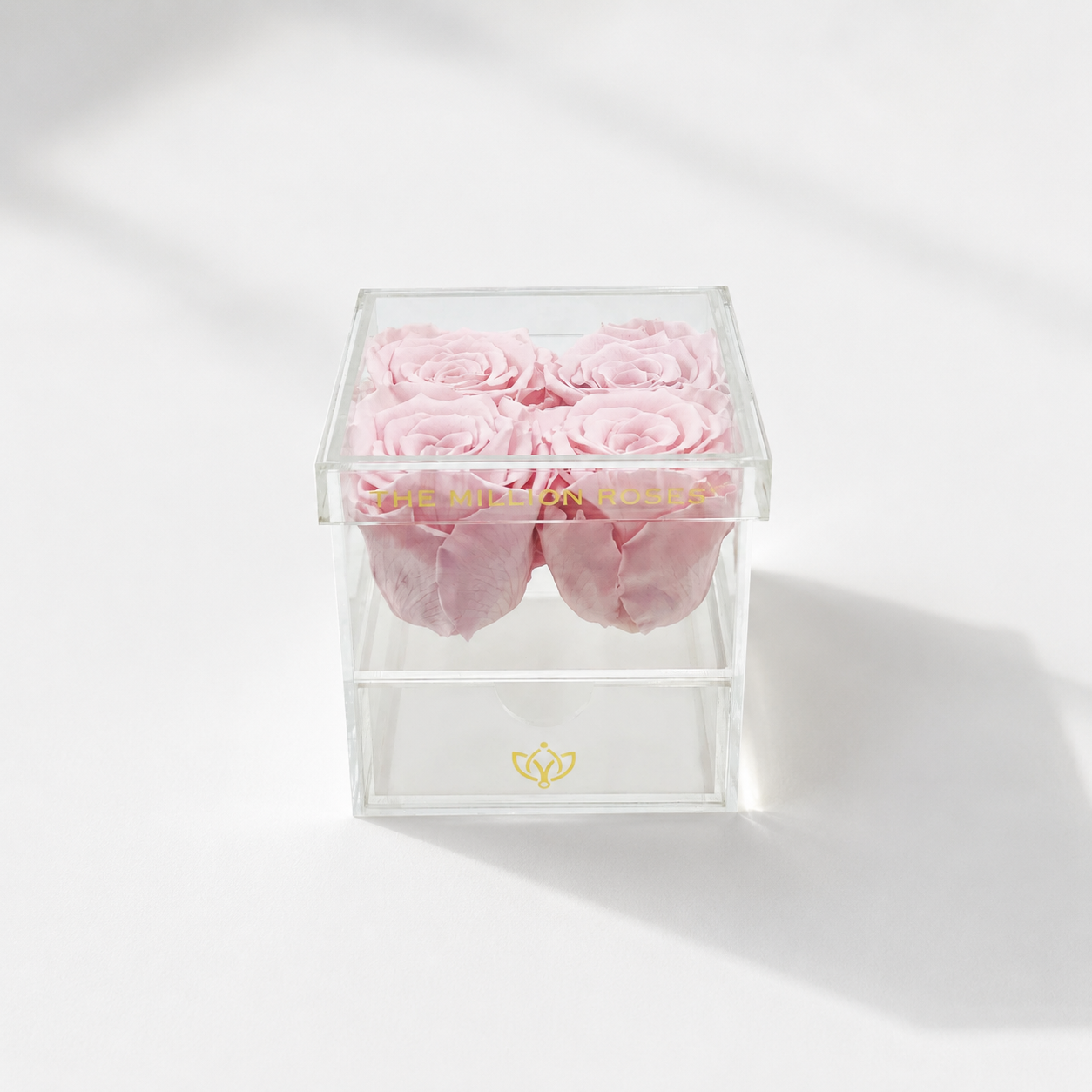 Clear acrylic box with 4 light pink roses on top and a single drawer below